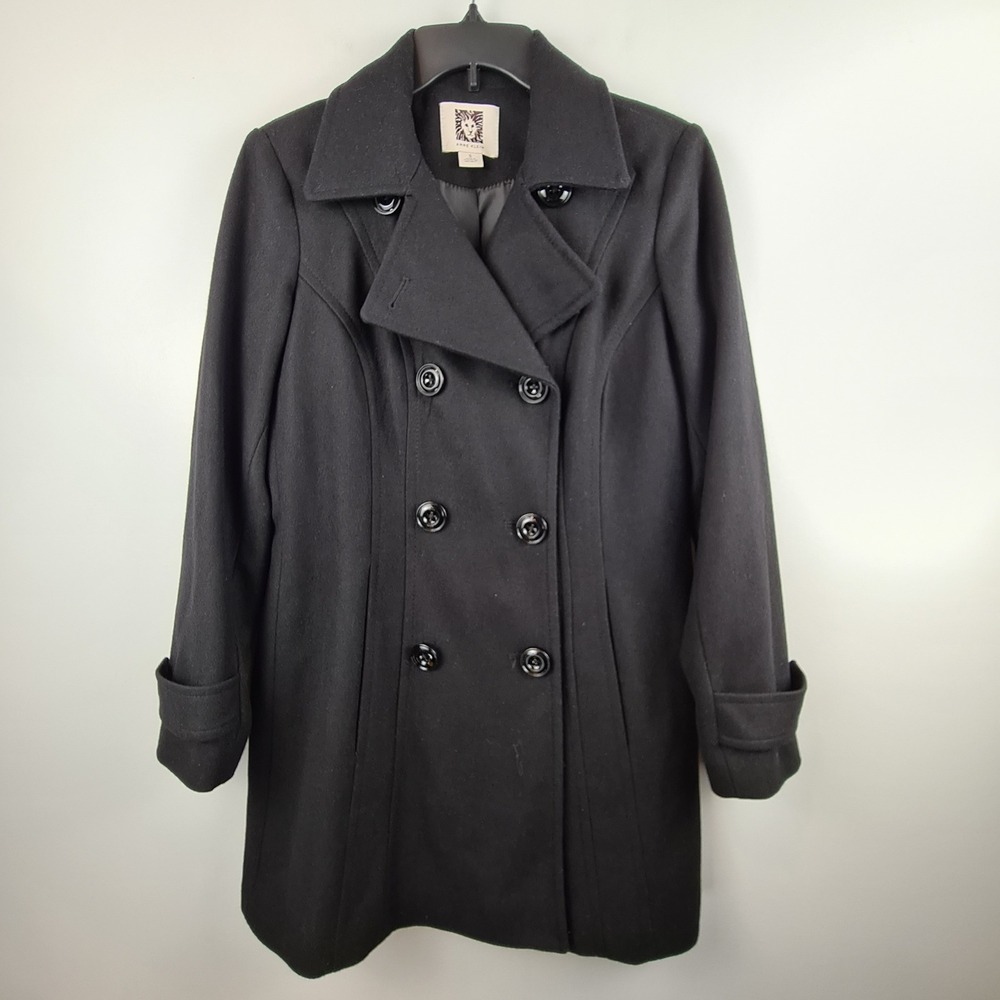 Anne Klein Womens Black Wool Blend Double Breasted Pea Coat S Peacoat Classic